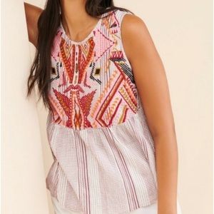 ANTHROPOLOGIE EMBROIDERED STRIPE BABY DOLL TOP